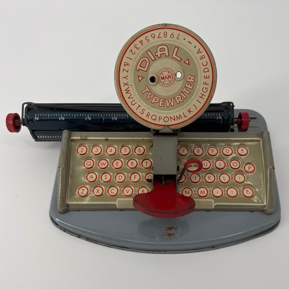 Marx Dial Typewriter Vintage Kids Tin Litho Toy Gray Red Retro Mid Century